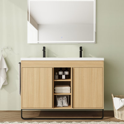Meuble-lavabo double autoportant 48 po avec plateau en résine et portes à fermeture en douceur 48 po