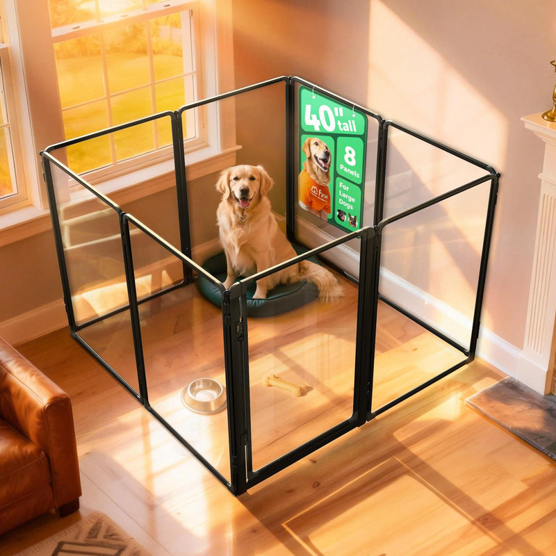 Parc d'intérieur pour chien en acrylique robuste AuraSpace Pro de FXW, avec structure en métal, hauteur de 40 po et 8 panneaux pour chiens de taille moyenne et grande, noir