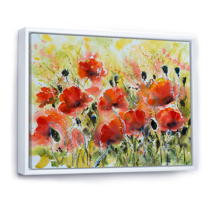 «Color Red Poppy Flowers», peinture sur toile encadrée, H 8 po x l 12 po x P 1,5 po, Cadre flottant blanc