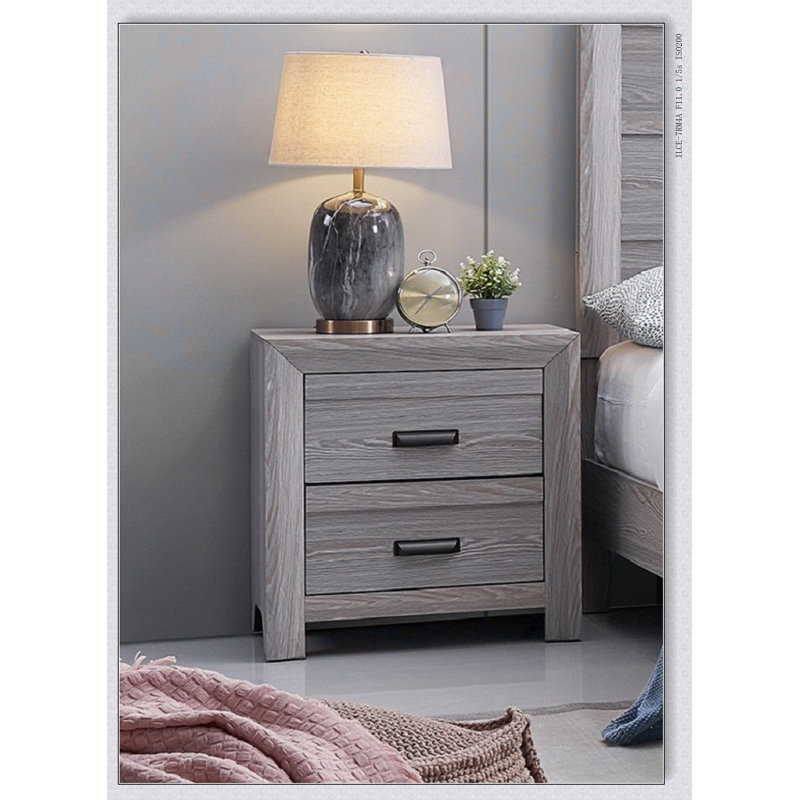 Table de chevet contemporaine de style rustique gris avec deux tiroirs de rangement spacieux pour une chambre à coucher moderne