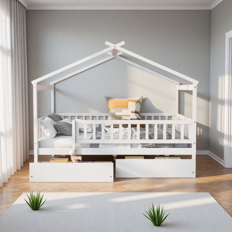 Lit double en bois avec deux tiroirs, Blanc