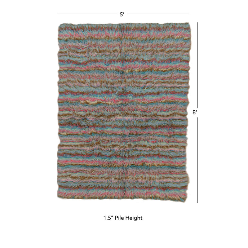 Alamin Flokati Wool Shag Hand Loomed Pastel Multi Stripe Rug
