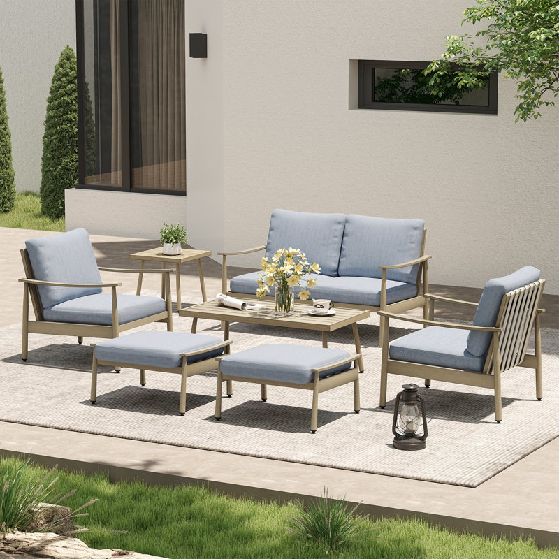 Ensemble de conversation d'extérieur pour 4 personnes avec coussins Mariène, Bleu, Brun