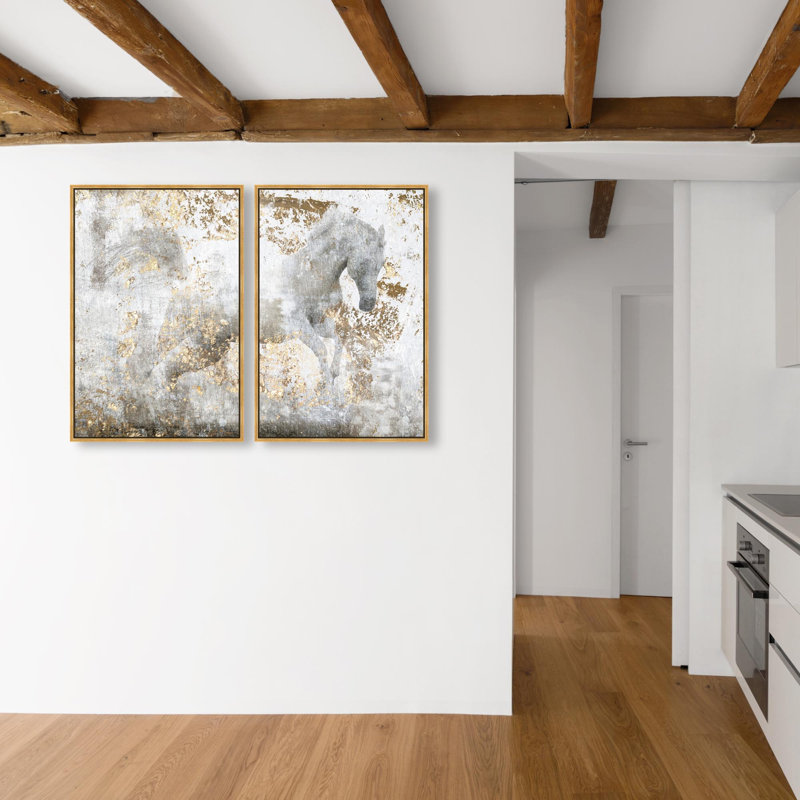 Oliver Gal Running Equus Diptych Animals - Framed Canvas Art, 38" H x 26" W, Gold