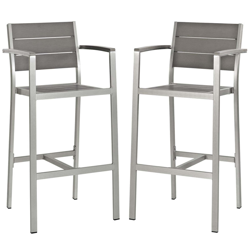 Shore Silver Gray Aluminum Outdoor Bar Stools with Wood Accents