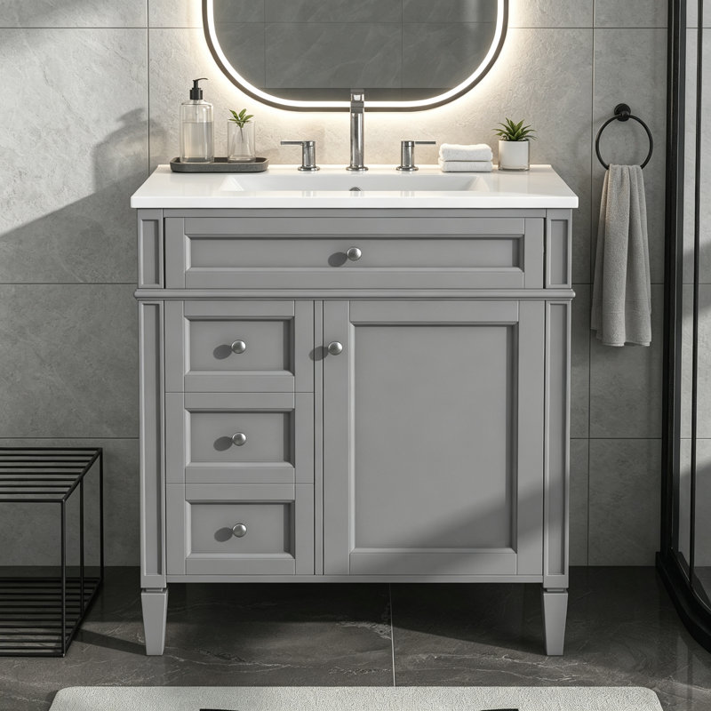 Meuble-lavabo de 76 cm avec lavabo en céramique, meuble autoportant avec 2 tiroirs et un tiroir basculant, structure en bois massif et MDF, style rétro, noir