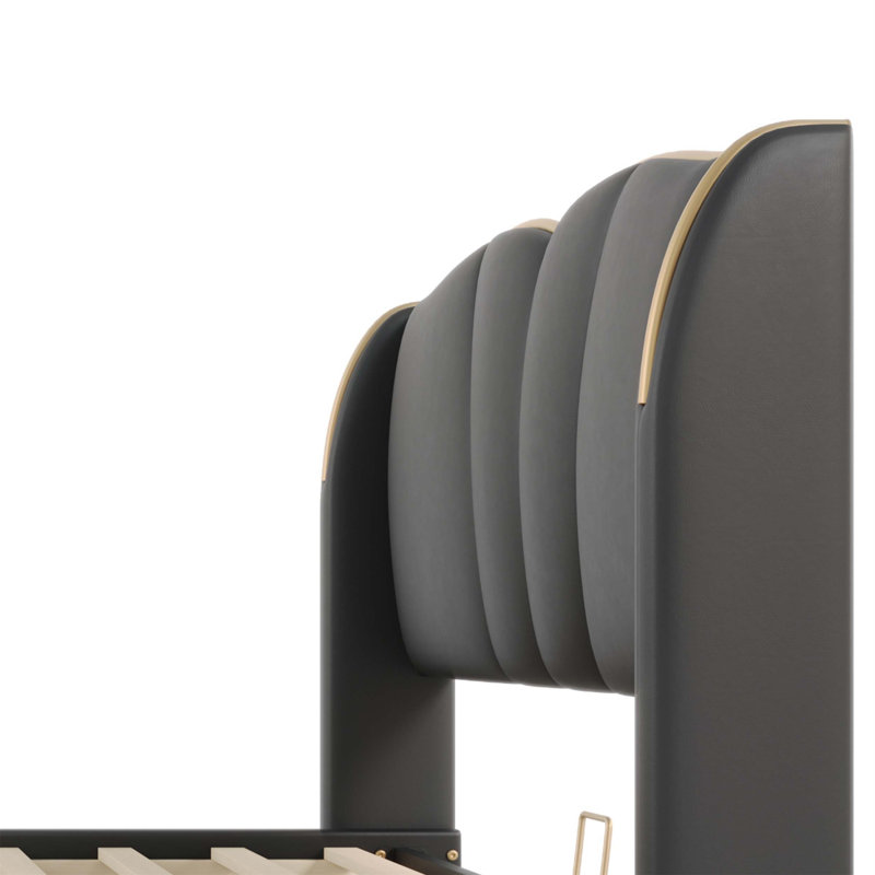 Structure de lit tapissier en cuir pour grand lit avec tête de lit à oreilles, pied de lit ondulé, sans sommier, design moderne et élégant