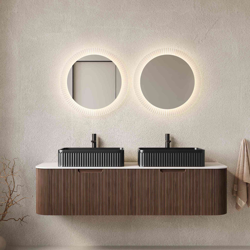 Meuble-lavabo de salle de bain 60 po avec lavabo, armoire de rangement murale rayée à bords arrondis avec 2 tiroirs, 2 lavabos rectangulaires en céramique, sans robinet, pré-assemblée