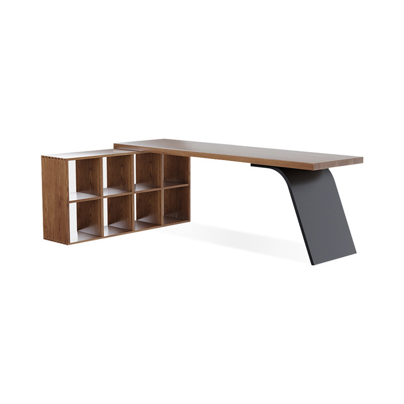 Nut-brown+Black L-Shaped Solid Wood+Iron desk, 29.53" H x 78.74" W x 55.12" D, Left Hand Return