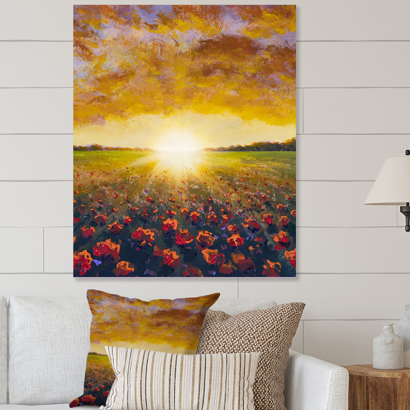 «Sunset on Poppies Wildflowers Field III», œuvre d'art traditionnelle sur toile, H 20 po x l 12 po x P 1 po, Toile tendue