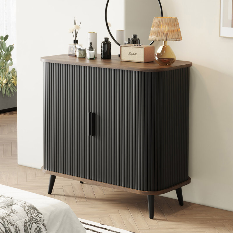 31.5'' Modern Sliding Doors Sideboard Storage Cabinet with Solid Wood Legs, Black