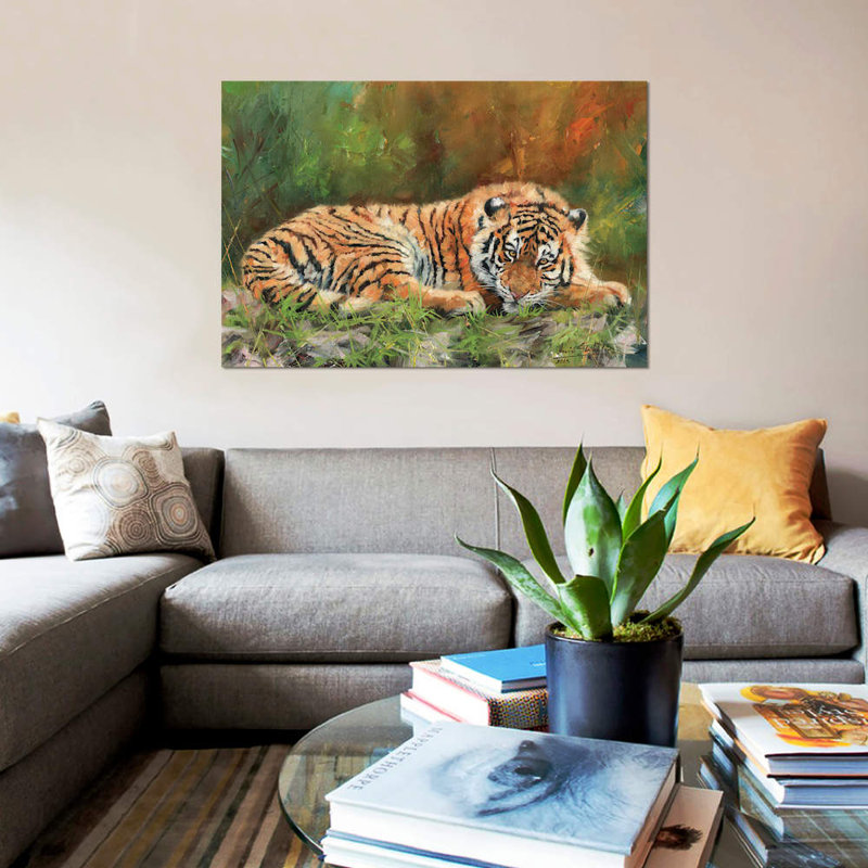 « amur tiger repose », impression sur toile, H 26 po x l 40 po x P 1,5 po, Toile tendue, Pas de tapis