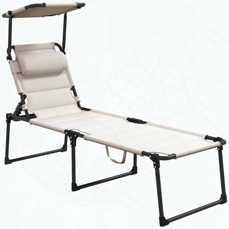 Chaise longue pliante avec dossier réglable et parasol - Blanc crème, Blanc, crème