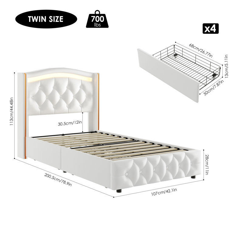 Areyon Upholstered Wingback Storage Bed, White, Twin
