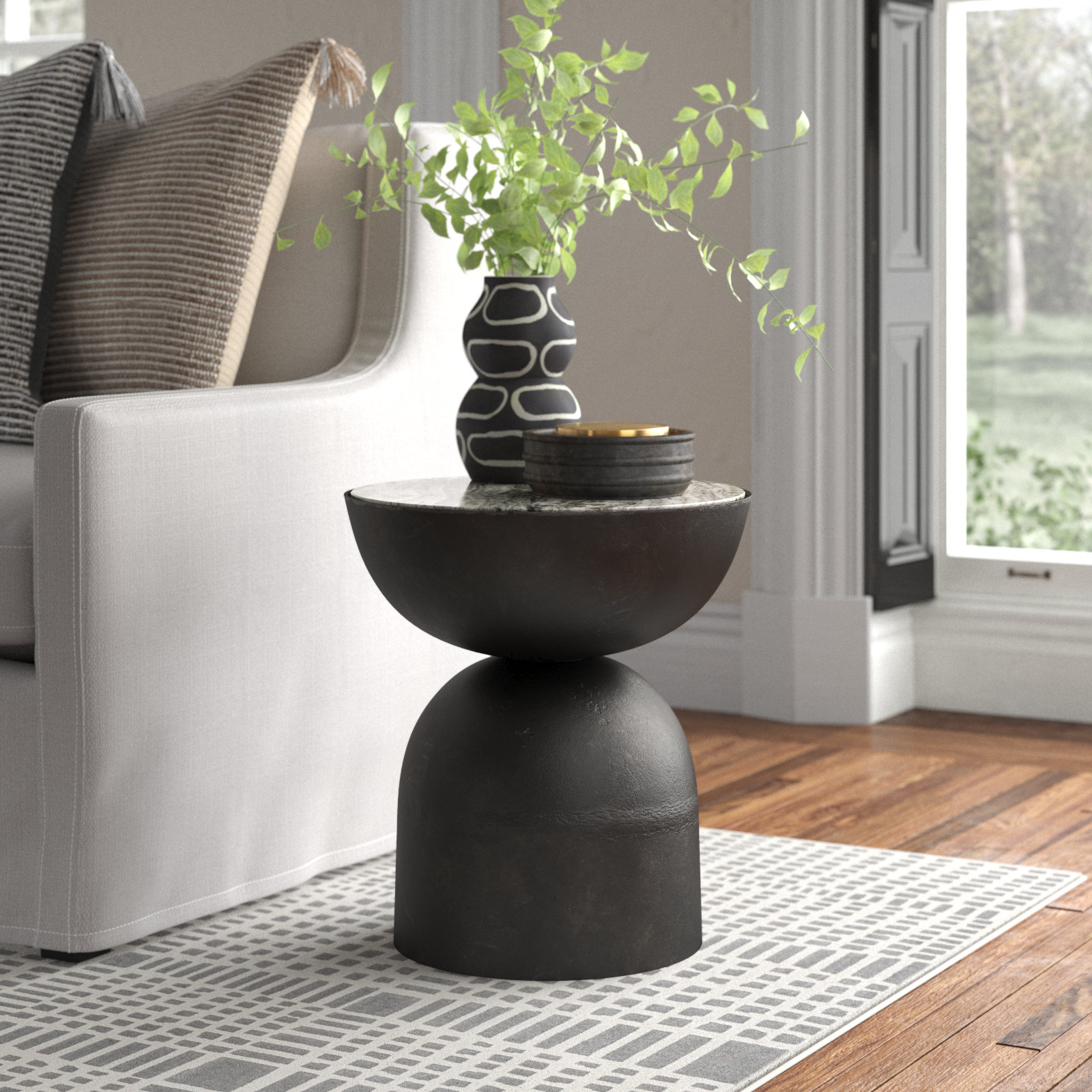 Seraphine Pedestal End Table, River Gray Marble, Hammered Gray