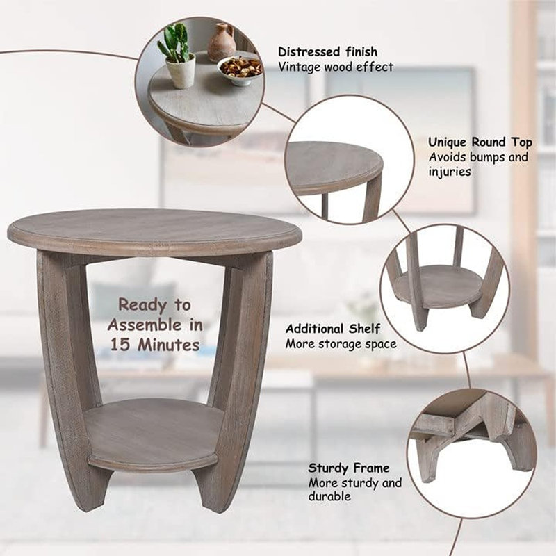 Vintage Grey French Country Round End Table with Storage Shelf