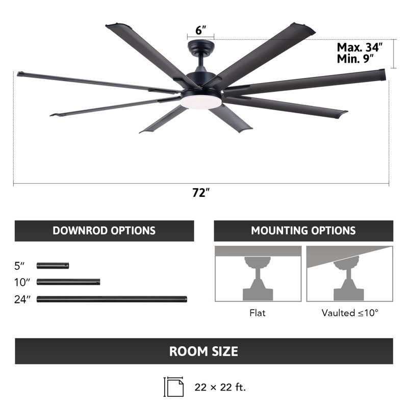 72" 6 - Blade Aluminum LED Ceiling Fan with Dimmable Light and Remote, Bronze, Bronze