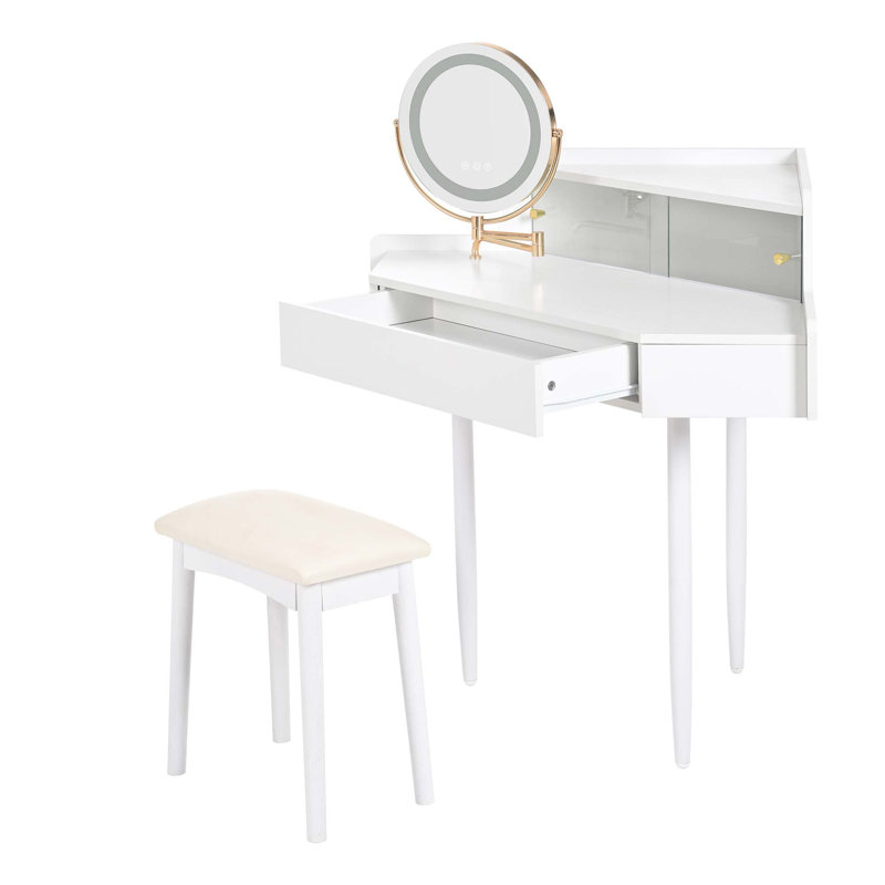 Bureau de coiffeuse de coin moderne avec miroir lumineux à DEL, grand rangement, tabouret inclus, luminosité réglable, peu encombrant