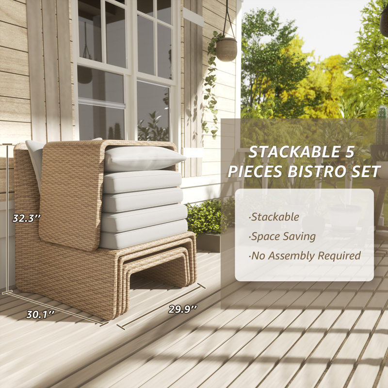 Canapé d'extérieur 5 pièces en osier avec repose-pieds et table, sans assemblage, empilable