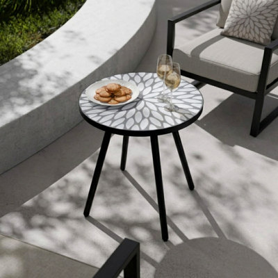 Laurel Mosaic 18.11" Round Cement Side Table With White Leaf Detail