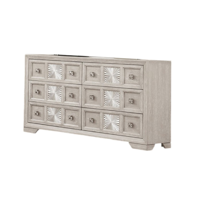 Benjara Diaz Wide Dresser, 6 Drawers, Sunburst Metal Design, Light Gray Wood | Wayfair Benjara Diaz Wide Dresser, 6 Drawers, Sunburst Metal Design, Light Gray Wood | Wayfair