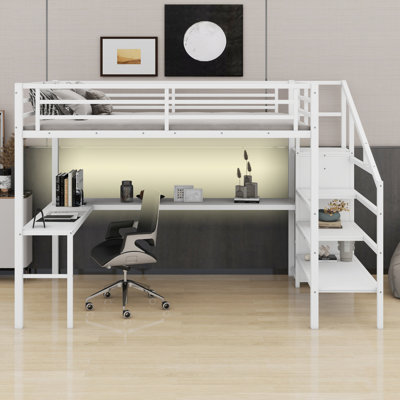 Loft Bed With L-Shaped Desk And USB, Wardrobe And Adjustable Shelf And LED