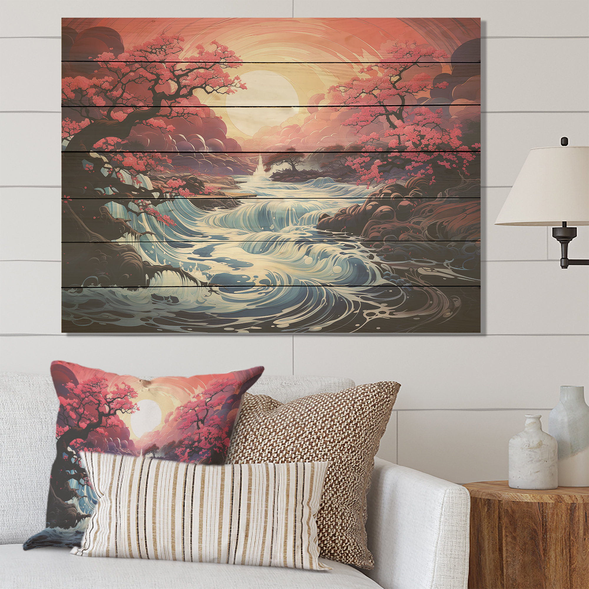 Millwood Pines Japan Pink Sunrise River - River On Wood Print | Wayfair