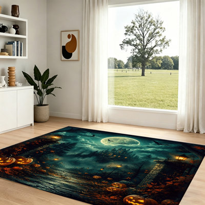 Tapis d'Halloween avec château fantasmagorique et citrouilles-lanternes, tapis antidérapant pour salon, chambre à coucher, vestibule, bureau personnel, espaces de salle à manger, décorations de Pâques parfaites