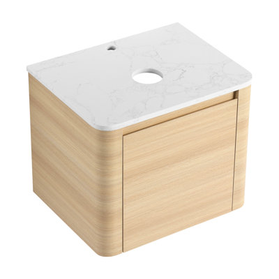 Meuble-lavabo mural 24 po avec 1 porte à fermeture en douceur, contreplaqué de couleur chêne blanc américain, style moderne, installation peu encombrante, 45 poignées dissimulées, charnières de fermeture pour une tranquillité d'esprit