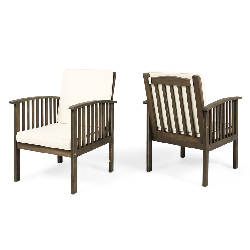 2 Outdoor Wood Chairs - Gray Finish And Cream Cushions Of Seating Protected, Gray/Cream, Brown
