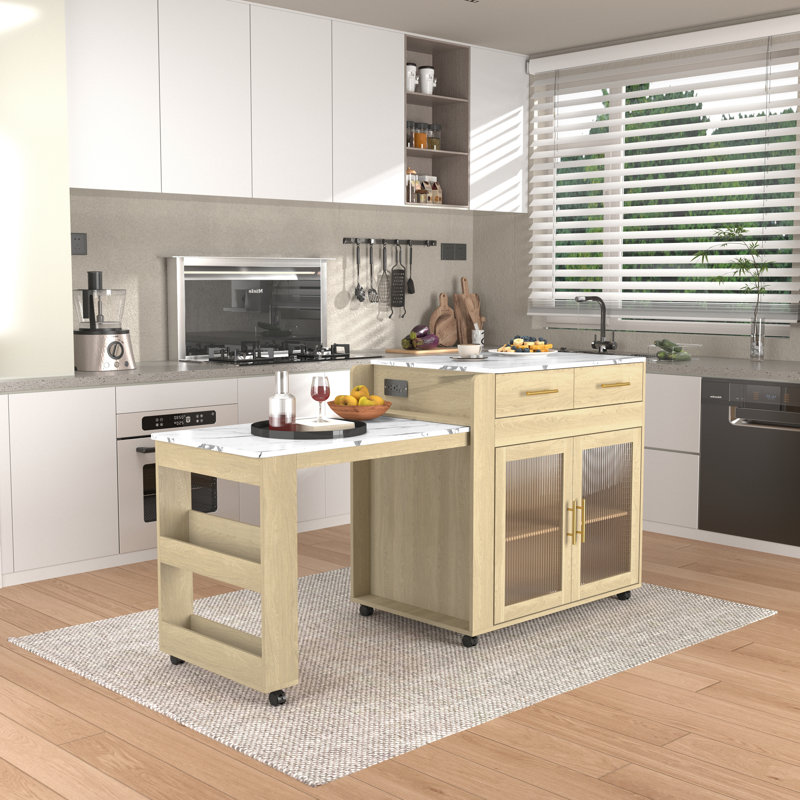 Jamirrah  Kitchen Island with Extendable Table, Natural/White