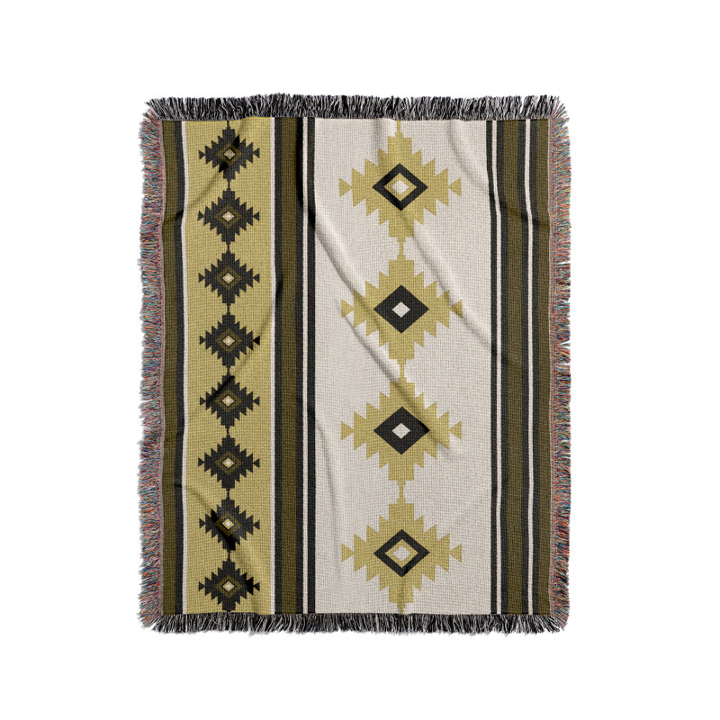 Jeté en mélange de coton Carlos South Western, Noir / or terne / blanc cassé, L 60 po x l 60 po