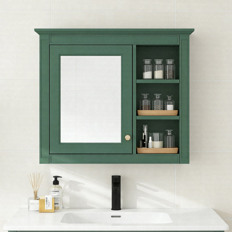 Armoire à pharmacie murale 30 po x 28 po avec miroir, 3 tablettes ouvertes, armoire de rangement moderne, Vert
