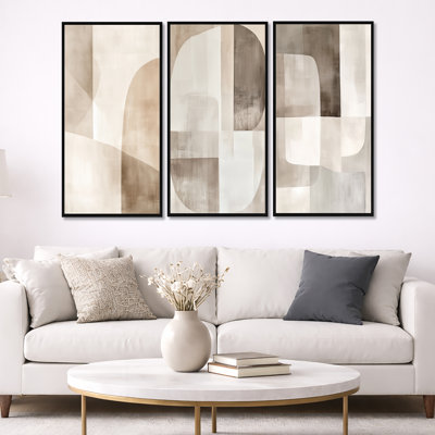 Beige Minimal Wall Art - Neutral Shapes in Balance – Abstract Minimalism Framed Wall Art Set of 3