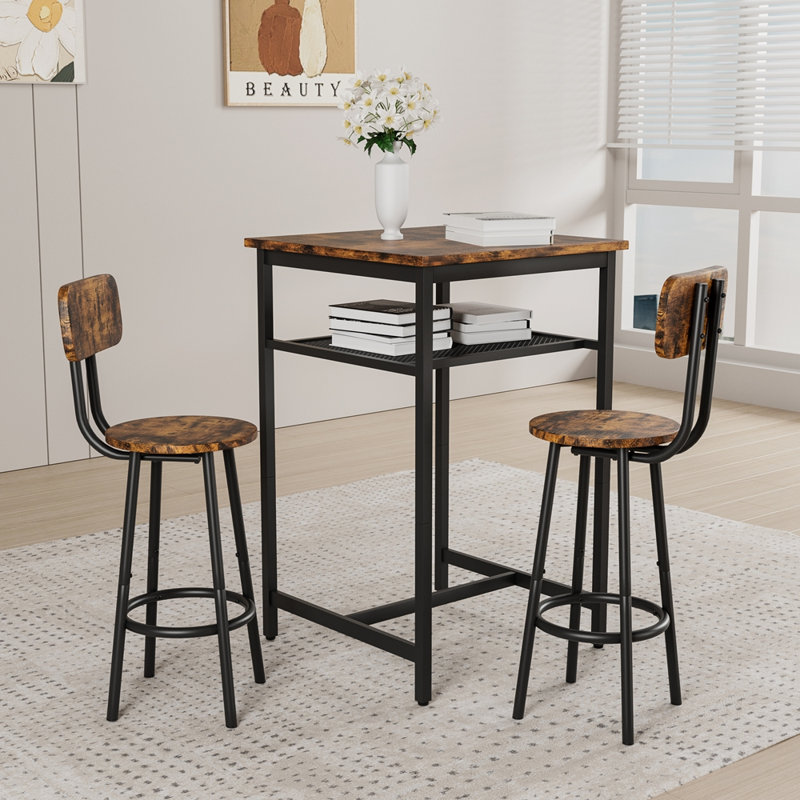 Table de bar, équipée de 2 tabourets de bar, avec dossier et cloison (brun rustique), Brown