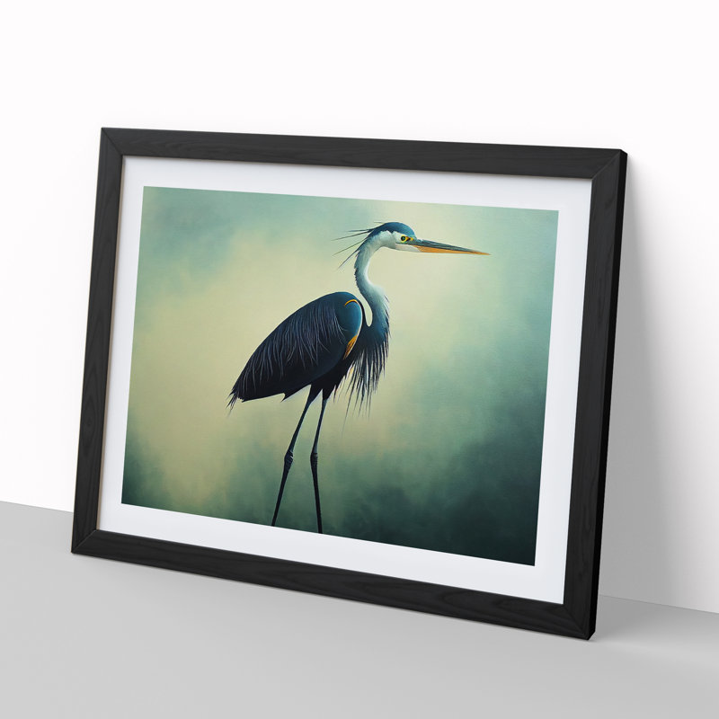 Five Star Heron Bird - Single Picture Frame Painting, 34cm H x 46cm W x 2cm D, Black