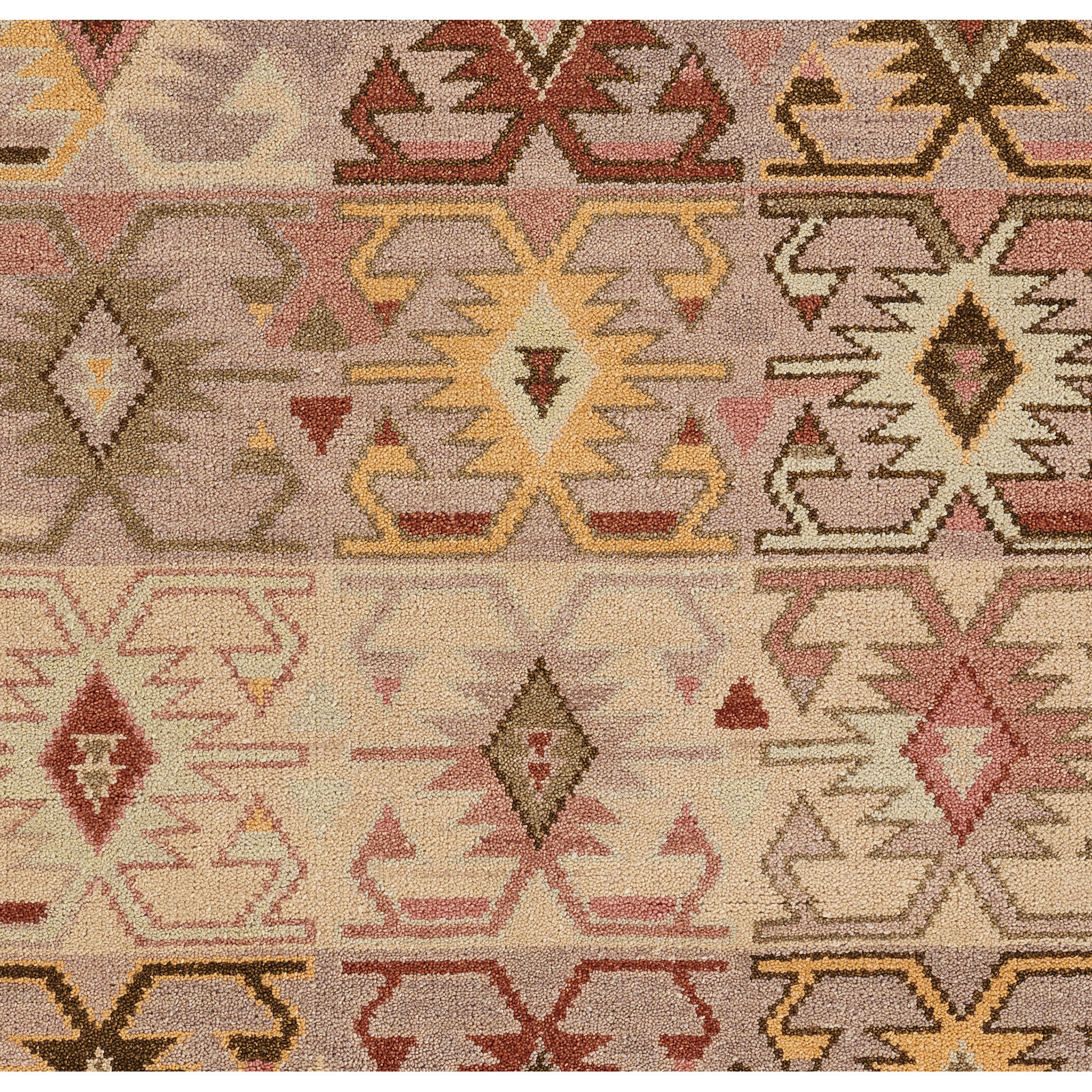 Beige Red Yellow Hand-Knotted Wool Rug, Rectangle 9' x 12'