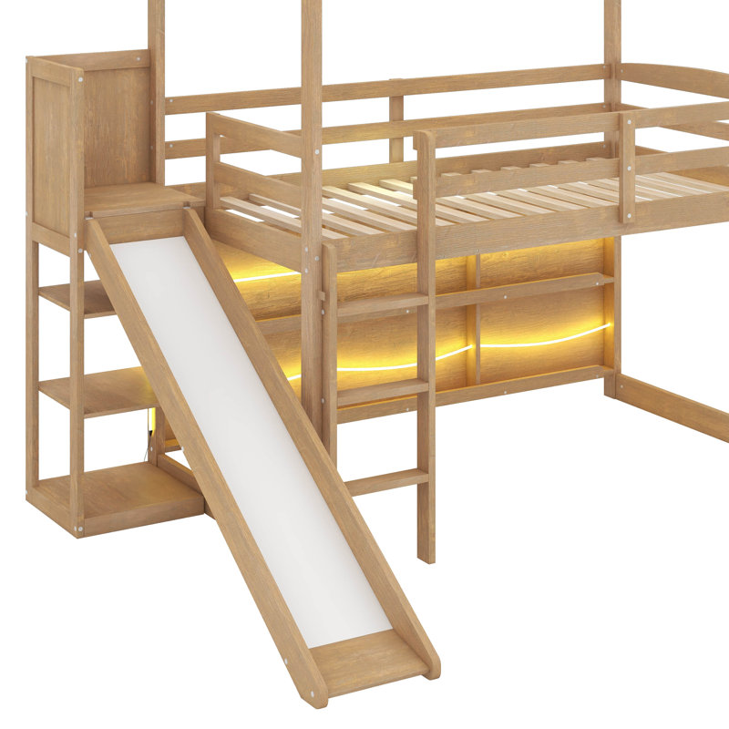 Twin Size Wood House Loft Bed With Shelves And Light, Wood