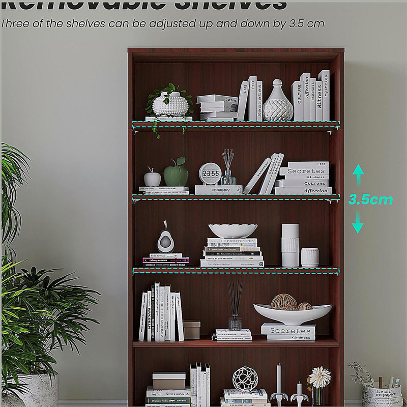 Bibliothèque 5 niveaux, (5 tablettes) H 59,8 po x l 33 po x P 11,6 po, Acajou