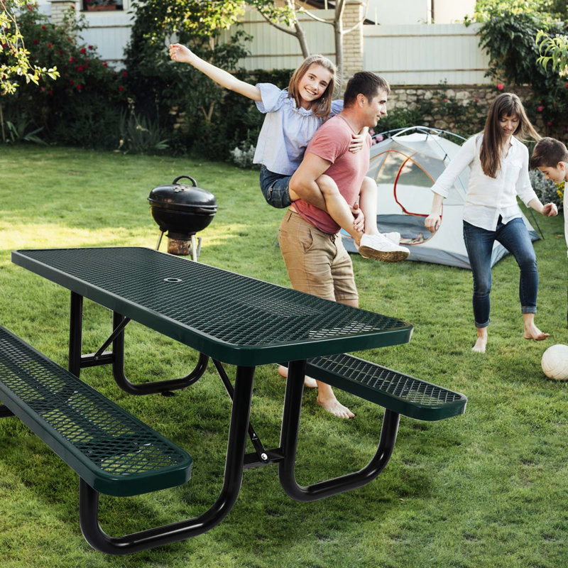 6 pi Table de pique-nique rectangulaire en acier pour l'extérieur avec mât de parasol vert