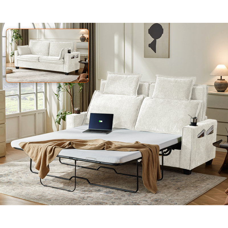 Queen Size 2-in-1 Pull-out Sofa Bed Convertible Chenille Sofa With 20w Fast Charging Led Light Memory Foam Couch Cushion Trim Rv Sleeper Sofa