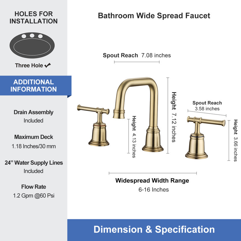 Widespread 2-handle Bathroom Faucet with Drain Assembly, Brushed Gold