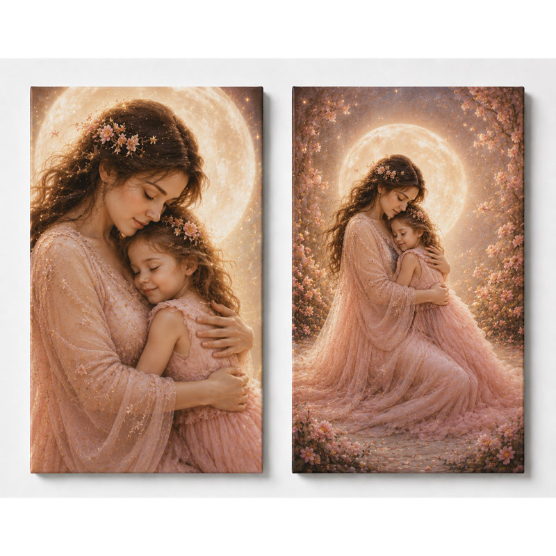 Grand ensemble de 2 impressions sur toile florales au clair de lune au mur de lune, fille et fille, impression sur toile 16 x 24 pouces - prête à être accrochée