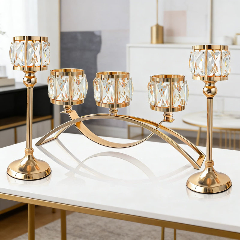 3-Arm Crystal Candelabra Centerpiece With Tall Goblet Holders, Antique Gold Metal And K9 Crystal Table Decor For Weddings, Dining Room, And Home Decoration