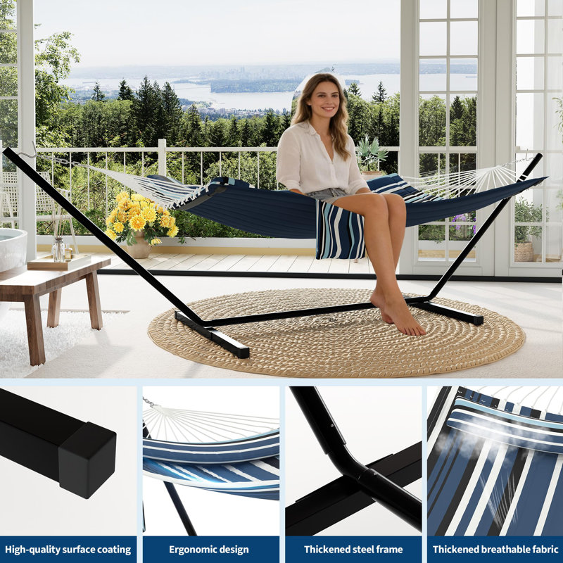 2-Person Double Hammock with Steel Stand & Detachable Pillow | 450lb Capacity, Adjustable Chains, Curved Spreader Bar for Patio, Backyard & Poolside