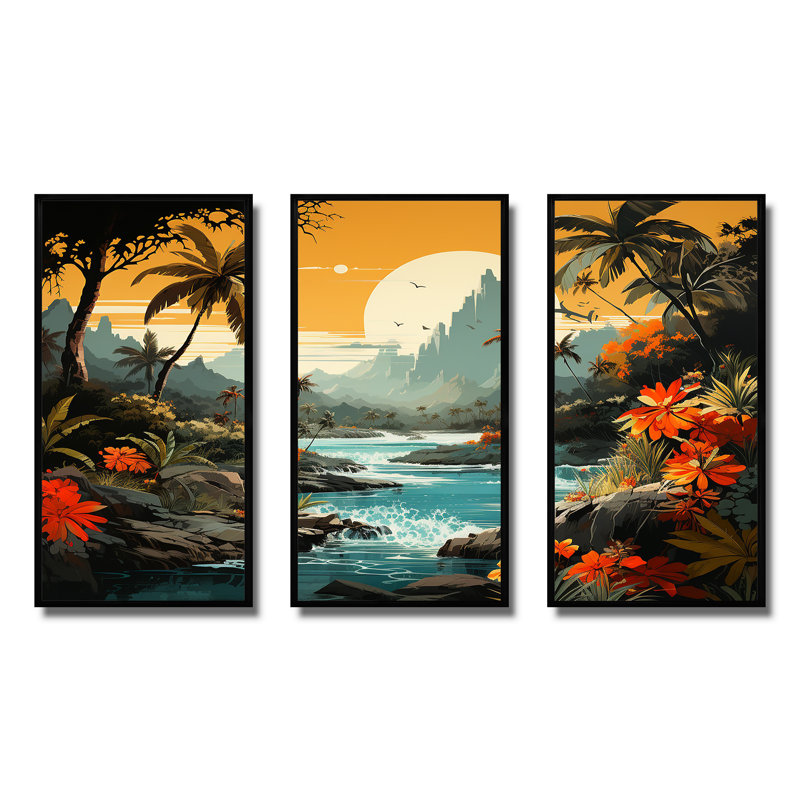 «Vintage Tropical Coastline Paradise II», art mural bord de mer tropical, Cadre flottant noir, H 28 po x l 36 po x P 1 po