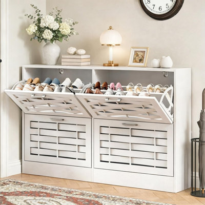 Narrow Shoe Storage Cabinet with 4 Flip Drawers - White
