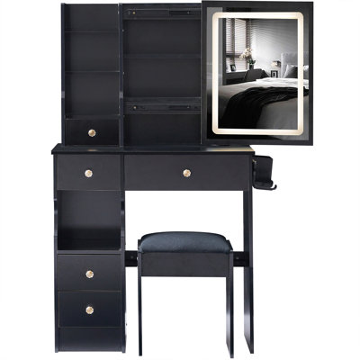 29.2" Small Size Left Drawer Desktop Vanity Table + Cushioned Stool, 2 AC+2 USB Power Station, Hair Dryer Bracket, Extra Large Touch Control Sliding LED Mirror, Tri-Color Switching, Brightness Adjust