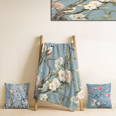 Chinoiserie With Birds And Peonies XVIII - Floral Living Room Throw Blanket And Pillow Set