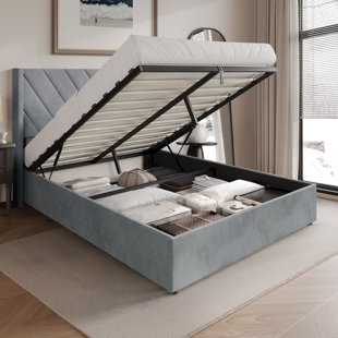 FULL SIZE WINGBACK PLATFORM LIFT UP STORAGE BED IN BEIGE VELVET